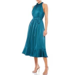 Ieena Mac Duggal Peacock Blue Ruffle Satin A-Line Midi Dress